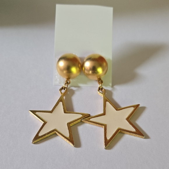 Vintage Premier Designs gold Tonr and Cream Enamel Star Earrings - Picture 2 of 5